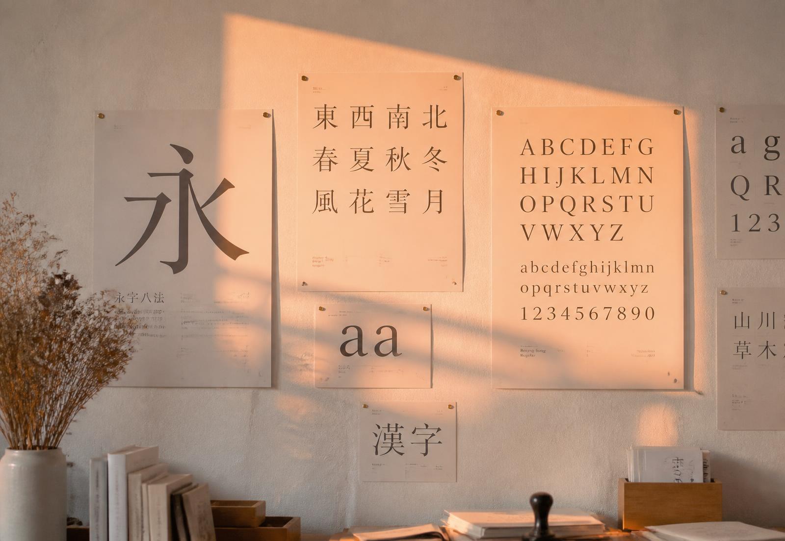 Type specimen sheets of Chinese and Latin letterforms pinned to a studio wall