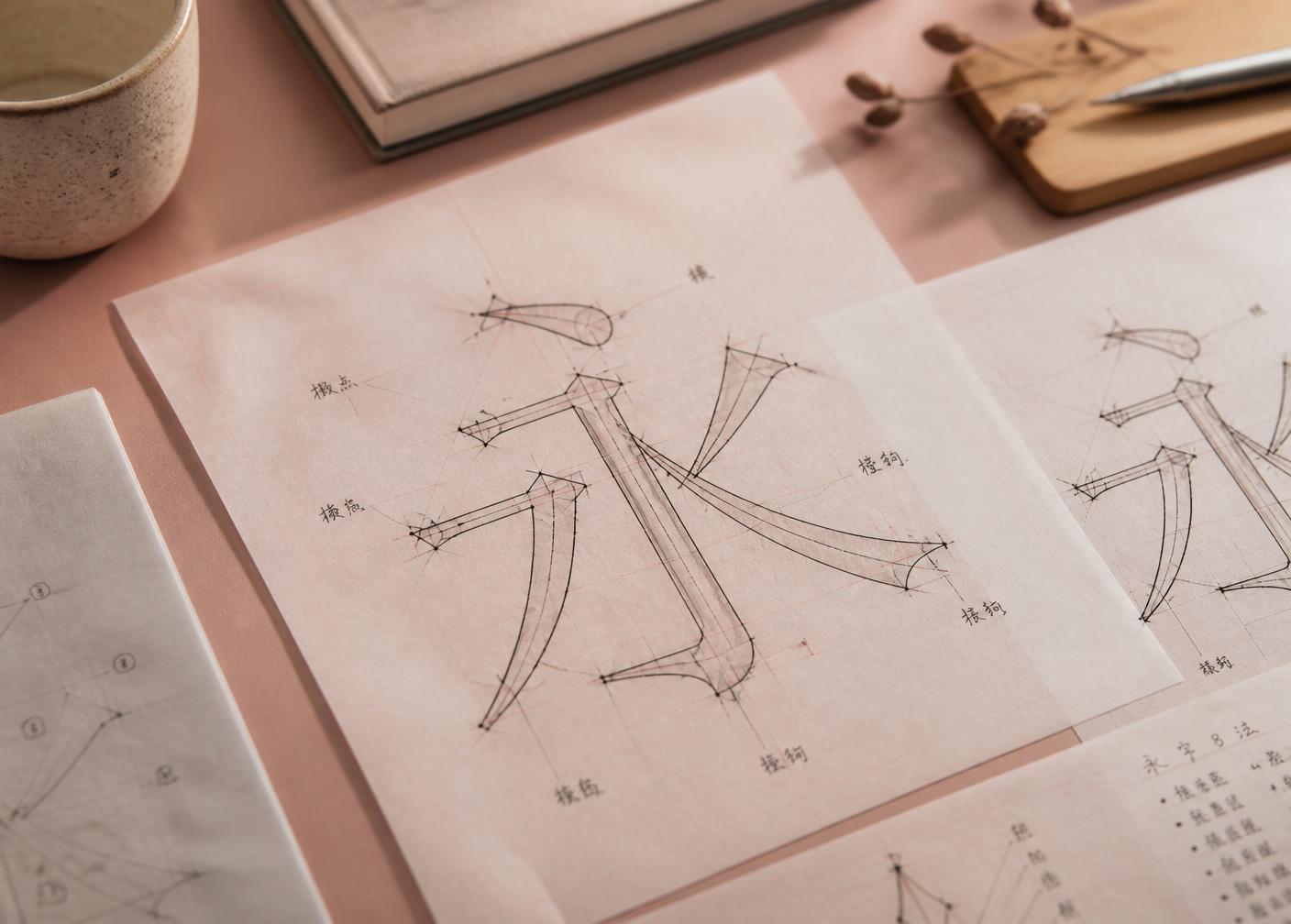 Stroke skeleton drawing of a Chinese character with control points on tracing paper